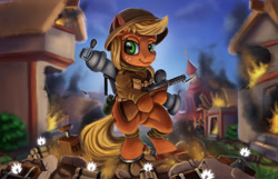 Size: 1200x771 | Tagged: safe, artist:vittorionobile, applejack, earth pony, pony, battlefield 1, bipedal, burning, crossover, dynamite, explosives, fire, helmet, house, military uniform, my little pony, rocket launcher, ruins, submachinegun, tree, weapon, world war i