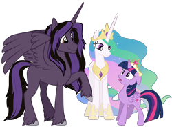 Size: 972x716 | Tagged: safe, artist:namygaga, princess celestia, twilight sparkle, twilight sparkle (alicorn), oc, oc:diamogh talerous, alicorn, pony, alicorn oc, big crown thingy, jewelry, regalia, simple background, transparent background, unshorn fetlocks