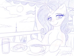 Size: 1024x780 | Tagged: safe, artist:novaintellus, rarity, pony, semi-anthro, unicorn, atg 2020, bread, coffee, croissant, food, monochrome, newbie artist training grounds, solo