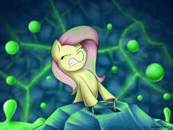 Size: 1600x1200 | Tagged: safe, artist:supermoix, fluttershy, pegasus, pony, bubble, cave, eyes closed, fanfic, fanfic art, green, gritted teeth, lever, pulling, pushing, slime, solo, stone, struggling