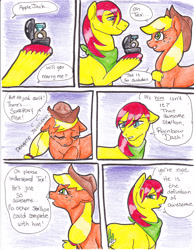 Size: 2552x3292 | Tagged: safe, artist:tristanjsolarez, applejack, tex, earth pony, pony, comic:trans ponies, g1, hat, marriage proposal, ring, texjack, wedding ring