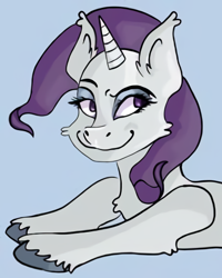 Size: 402x502 | Tagged: dead source, safe, artist:satyranski, rarity, pony, unicorn, blue background, female, mare, simple background, smiling, solo, unshorn fetlocks