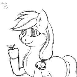 Size: 768x768 | Tagged: safe, artist:crimson, applejack, earth pony, pony, apple, black and white, cheek fluff, chest fluff, ear fluff, food, grayscale, hoof hold, missing accessory, missing cutie mark, monochrome, obligatory apple, simple background, sketch, smiling, solo, white background, wip