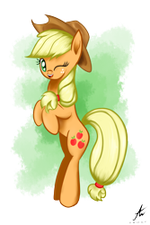 Size: 2000x3000 | Tagged: safe, artist:truffle shine, applejack, earth pony, pony, bipedal, cowboy hat, hat, looking at you, one eye closed, signature, smiling, solo, standing, stetson, wink