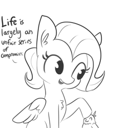 Size: 1650x1650 | Tagged: safe, artist:tjpones, part of a set, fluttershy, bird, pegasus, pony, chest fluff, demotivational, dialogue, ear fluff, female, grayscale, mare, monochrome, open mouth, simple background, sketch, white background