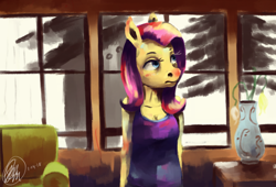 Size: 1670x1137 | Tagged: safe, artist:toisanemoif, fluttershy, anthro, breasts, cleavage, clothes, female, indoors, looking away, looking up, room, solo, tanktop, three quarter view, vase, window