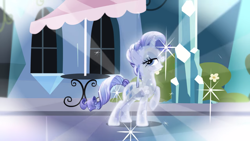 Size: 2000x1125 | Tagged: safe, screencap, rarity, crystal pony, pony, unicorn, the crystal empire, alternate hairstyle, crystal rarity, crystallized, ear piercing, earring, grin, jewelry, lidded eyes, outfit catalog, piercing, raised hoof, smiling, solo, sparkles