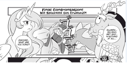 Size: 1249x626 | Tagged: safe, artist:nekoshiei, seven seas, discord, princess celestia, spike, alicorn, draconequus, dragon, pony, my little pony: the manga, my little pony: the manga volume 1, spoiler:manga, spoiler:manga1, food, jojo's bizarre adventure, menacing, monochrome, popcorn, spikezilla, ゴ ゴ ゴ