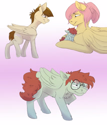 Size: 2741x3210 | Tagged: safe, artist:artikit, featherweight, fluttershy, oc, oc:shutterbug, pegasus, pony, alternate hairstyle, baby, baby pony, chest fluff, colt, fluttermom, glasses, gradient background, hair bun, half-siblings, male, offspring, parent:bulk biceps, parent:fluttershy, parents:flutterbulk