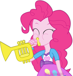 Size: 1600x1683 | Tagged: safe, artist:jucamovi1992, pinkie pie, equestria girls, clothes, cute, eyes closed, female, musical instrument, playing, simple background, skirt, solo, transparent background, trumpet