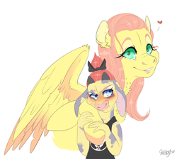 Size: 698x626 | Tagged: safe, artist:qatsby, fluttershy, oc, oc:nessa mae, hybrid, pegasus, pony, blushing, bust, female, hug, hug from behind, interspecies offspring, mother and child, mother and daughter, offspring, parent and child, parent:fluttershy, parent:iron will, parents:ironshy, simple background, solo, story included, white background, wings