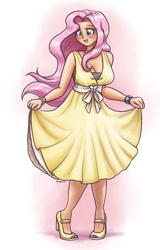 Size: 1024x1600 | Tagged: safe, artist:king-kakapo, part of a set, fluttershy, human, blushing, breasts, cleavage, clothes, cute, dress, female, high heels, hootershy, humanized, light skin, mary janes, ribbon, shoes, shyabetes, skirt, skirt lift, solo