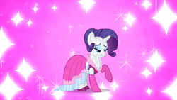 Size: 2000x1125 | Tagged: safe, screencap, rarity, pony, unicorn, too many pinkie pies, alternate hairstyle, clothes, dress, female, lidded eyes, mare, mid-blink screencap, outfit catalog, pink background, raised hoof, simple background, smiling, sparkles