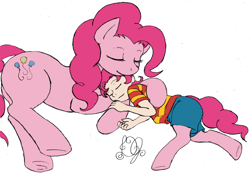 Size: 1500x1043 | Tagged: safe, artist:dj-black-n-white, color edit, edit, editor:gimpanon, pinkie pie, oc, oc:pogo, earth pony, pony, satyr, colored, female, male, mother and child, mother and son, offspring, parent and child, sleeping