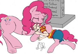 Size: 1500x1043 | Tagged: safe, artist:dj-black-n-white, color edit, edit, editor:gimpanon, pinkie pie, oc, oc:anon, oc:pogo, earth pony, pony, satyr, colored, crying, death, female, grave, implied anon, male, mother and child, mother and son, offspring, parent and child