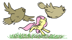 Size: 1000x563 | Tagged: safe, artist:foudubulbe, fluttershy, bird, pegasus, pony, female, flying, grass, mare, running, simple background, white background