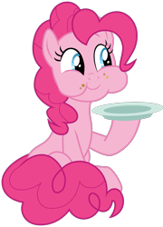 Size: 1375x1909 | Tagged: safe, artist:sonofaskywalker, pinkie pie, pony, daring done?, female, mare, plate, simple background, sitting, smiling, solo, transparent background, vector