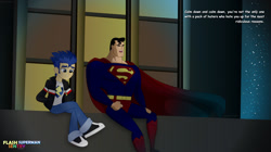 Size: 1600x899 | Tagged: safe, artist:jucamovi1992, flash sentry, equestria girls, crossover, dcau, drama, flash sentry drama, hate, humanized, male, rocker, superhero, superman, superman the animated series