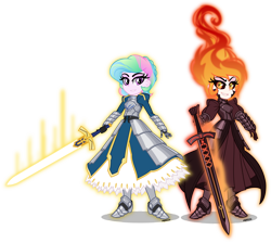 Size: 5000x4479 | Tagged: safe, artist:orin331, daybreaker, princess celestia, equestria girls, absurd resolution, anime, armor, corrupted, duo, equestria girls-ified, excalibur, excalibur morgan, fate/grand order, fate/stay night, female, saber, saber alter, sword, weapon, young celestia