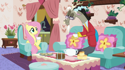 Size: 1280x720 | Tagged: safe, screencap, discord, fluttershy, draconequus, pegasus, pony, discordant harmony, clothes, cup, food, glasses, sandwich, sweater, teacup, teapot