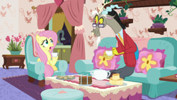 Size: 1280x720 | Tagged: safe, screencap, discord, fluttershy, draconequus, pegasus, pony, discordant harmony, clothes, cup, food, glasses, sandwich, sweater, teacup, teapot