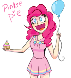 Size: 1024x1112 | Tagged: safe, artist:abrilk, pinkie pie, human, balloon, clothes, cupcake, dress, food, humanized, simple background, solo, watermark, white background