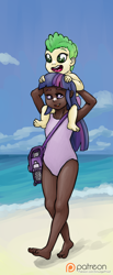 Size: 826x2000 | Tagged: safe, artist:smudge proof, derpibooru import, spike, twilight sparkle, human, barefoot, beach, breasts, carrying, clothes, dark skin, delicious flat chest, duo, feet, humanized, light skin, open mouth, patreon, patreon logo, sketch, smiling, sunscreen, swimsuit, walking, younger