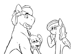 Size: 800x600 | Tagged: safe, artist:sapphireshy, big macintosh, fluttershy, oc, oc:flare shy, pegasus, pony, beard, black and white, facial hair, father and child, father and daughter, female, filly, fluttermac, grayscale, male, monochrome, offspring, older, parent and child, parent:big macintosh, parent:fluttershy, parents:fluttermac, shipping, straight