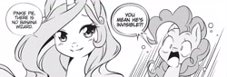 Size: 1810x616 | Tagged: safe, artist:nekoshiei, seven seas, pinkie pie, princess celestia, alicorn, earth pony, pony, my little pony: the manga, my little pony: the manga volume 1, spoiler:manga, spoiler:manga1, cropped, manga, monochrome, official, surprised, wide eyes