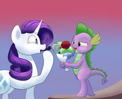 Size: 1280x1045 | Tagged: safe, artist:huffy26, rarity, spike, dragon, pony, unicorn, atg 2020, bouquet, female, flower, male, newbie artist training grounds, shipping, sparity, straight