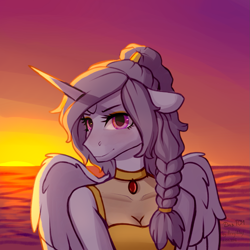 Size: 1375x1373 | Tagged: artist needed, safe, princess celestia, alicorn, anthro, clothes, cyrillic, female, mare, princess molestia, solo, sunset