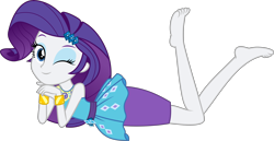 Size: 6000x3095 | Tagged: safe, alternate version, artist:twilirity, rarity, equestria girls, absurd resolution, barefoot, clothes, cute, feet, one eye closed, prone, raribetes, simple background, solo, transparent background, wink