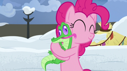 Size: 1280x720 | Tagged: safe, screencap, gummy, pinkie pie, pony, not asking for trouble, hug, licking, snow, tongue out