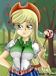 Size: 800x1069 | Tagged: safe, artist:8lunabianca8, applejack, equestria girls, apple, applerack, breasts, candy apple (food), clothes, cowboy hat, cute, denim skirt, eating, female, food, hat, scenery, skirt, solo, stetson, watermark