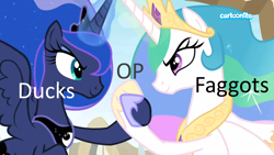 Size: 1280x720 | Tagged: safe, edit, edited screencap, screencap, princess celestia, princess luna, alicorn, pony, between dark and dawn, cartoonito logo, epic hoofshake, hoof shoes, op is a cuck, op is a faggot, vulgar