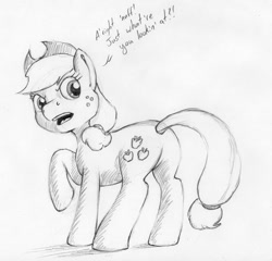 Size: 1280x1230 | Tagged: safe, artist:hardrockllama, applejack, earth pony, pony, annoyed, applebutt, frown, grayscale, looking back, monochrome, plot, raised hoof, simple background, solo, traditional art