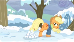 Size: 960x544 | Tagged: safe, screencap, applejack, earth pony, pony, tanks for the memories, female, mare, plot, snow, snowball, solo, winter, winter outfit