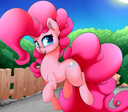 Size: 2400x2100 | Tagged: safe, artist:madacon, pinkie pie, earth pony, pony, female, fence, fluffy, mare, open mouth, scenery, sky, solo, sun