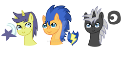 Size: 1599x792 | Tagged: safe, artist:catdasher, comet tail, dark moon, flash sentry, graphite, pegasus, pony, unicorn, deviantart watermark, male, obtrusive watermark, simple background, smiling, stallion, watermark, white background