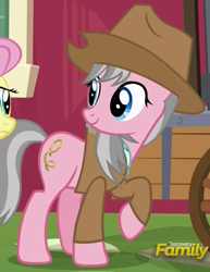 Size: 696x900 | Tagged: safe, screencap, fluttershy, wrangler, pegasus, pony, fluttershy leans in, cropped, discovery family logo, hat