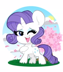 Size: 1792x2048 | Tagged: safe, artist:kittyrosie, part of a set, rarity, pony, unicorn, cherry blossoms, cloud, cute, female, flower, flower blossom, mare, one eye closed, open mouth, raribetes, sky, solo, tree