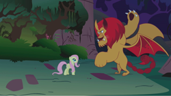 Size: 1279x720 | Tagged: safe, screencap, fluttershy, manny roar, manticore, pegasus, pony, friendship is magic, duo, everfree forest, raised paw