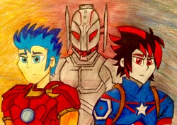 Size: 3236x2278 | Tagged: safe, artist:bravokrofski, flash sentry, equestria girls, avengers: age of ultron, captain america, clothes, cosplay, costume, crossover, equestria girls-ified, iron man, shadow the hedgehog, sonic the hedgehog (series), the avengers, traditional art, ultron