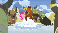 Size: 1280x720 | Tagged: safe, screencap, pinkie pie, prince rutherford, pony, yak, not asking for trouble, snow