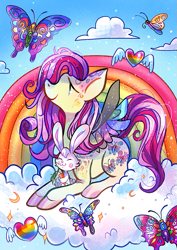 Size: 629x886 | Tagged: safe, artist:flickex, angel bunny, fluttershy, butterfly, pegasus, pony, colored wings, rainbow