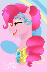 Size: 1436x2216 | Tagged: safe, artist:djspark3, pinkie pie, earth pony, pony, alternate hairstyle, bust, element of laughter, eyes closed, eyeshadow, female, happy, makeup, mare, portrait, signature, solo