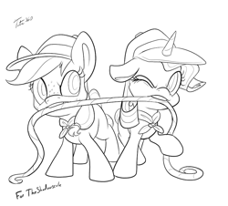 Size: 900x813 | Tagged: safe, artist:tsitra360, applejack, rarity, earth pony, pony, unicorn, clothes, female, filly, filly applejack, filly rarity, monochrome, mouth hold, one eye closed, raised hoof, rope, sketch, wink