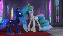 Size: 3840x2160 | Tagged: safe, artist:alicorntwilysparkle, princess celestia, princess luna, alicorn, pony, 3d, hallway, night guard, royal guard, royal sisters, source filmmaker, talking