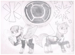 Size: 1024x745 | Tagged: safe, artist:alphamonouryuuken, derpibooru import, twilight sparkle, twilight sparkle (alicorn), oc, oc:starburst, alicorn, pony, female, green lantern, mare, monochrome, mother and child, mother and daughter, offspring, parent and child, parent:flash sentry, parent:twilight sparkle, parents:flashlight, pencil drawing, ring, sinestro corps, sketch, traditional art