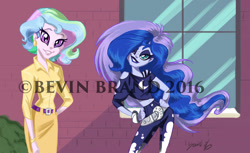 Size: 1280x783 | Tagged: safe, artist:bevin brand, princess celestia, princess luna, principal celestia, vice principal luna, equestria girls, alternate hairstyle, canterlot high, clothes, hand on hip, official fan art, punk, suit, torn clothes, younger